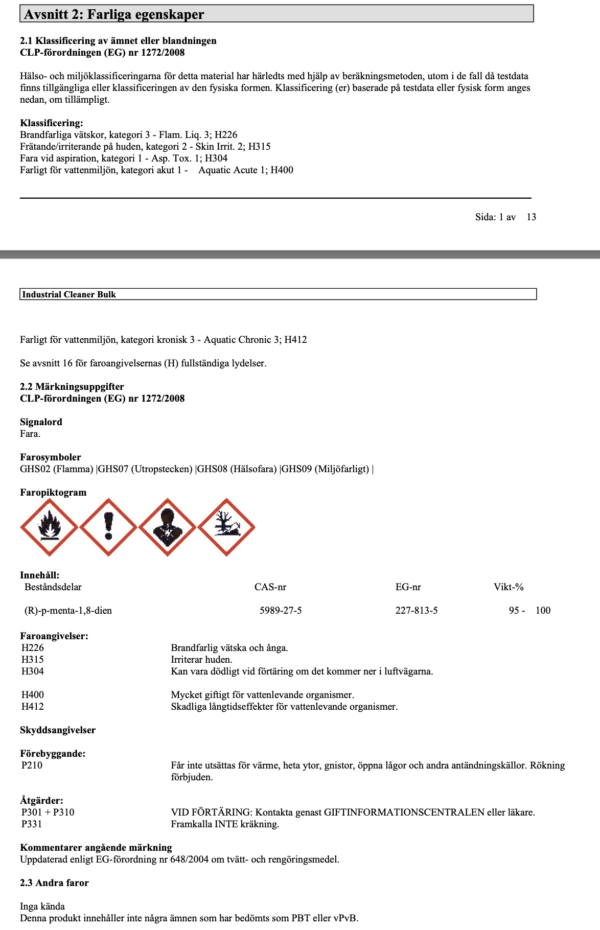 farliga egenskaper 3m industrial cleaner spray citrusspray