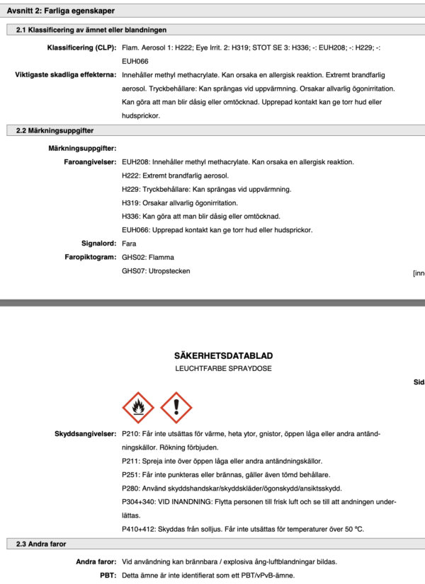 Farliga egenskaper prosdol självlysande sprayfärg