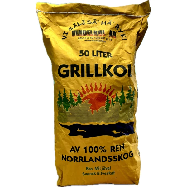 50 liter grillkol från Vindelkol. En norrländsk kvalitetsprodukt. Säljers hos Hedbergs Industri AB