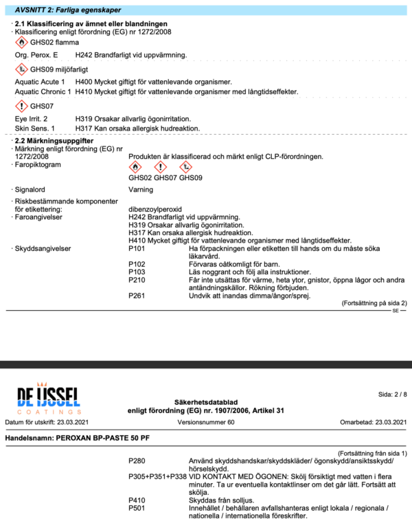 Farliga egenskaper ijmofix plamuur b