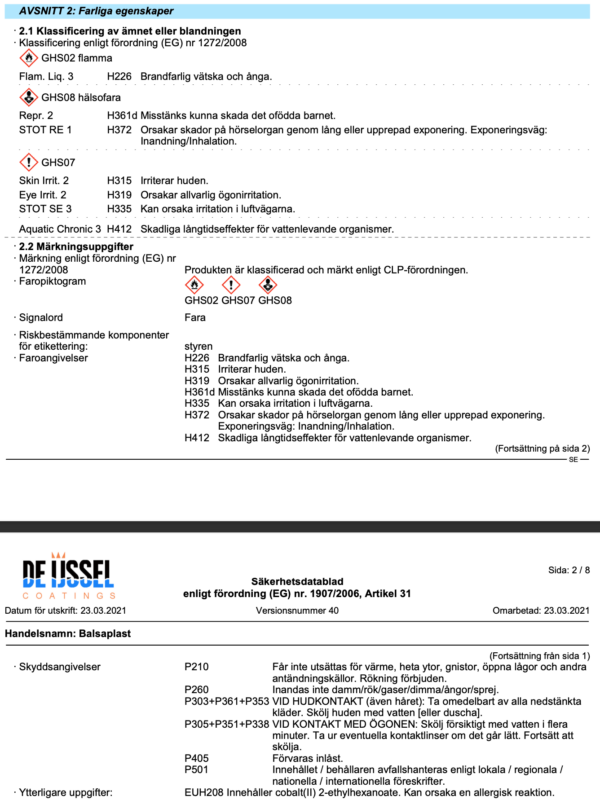 Farliga egenskaper balsaplast bondingpaste