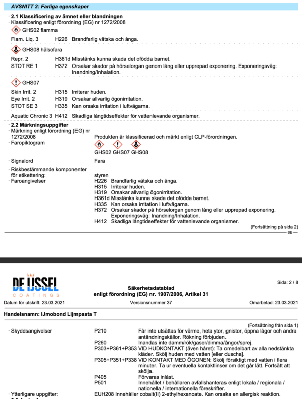 Farliga egenskaper ijmobond bondingpaste t