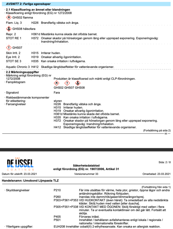 Farliga egenskaper ijmobond bondingpaste t-lz