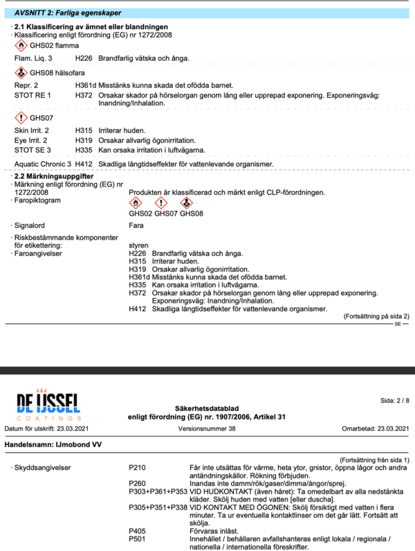 Farliga egenskaper ijmobond bondingpaste vv