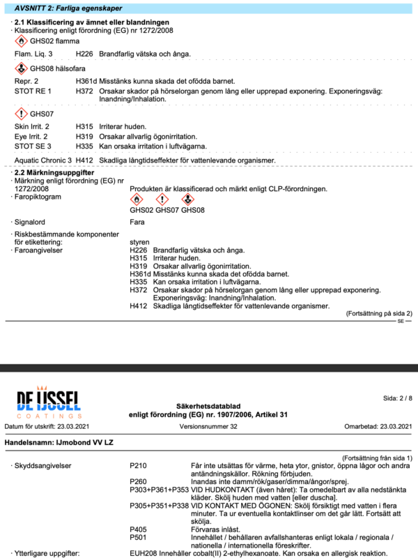 Farliga egenskaper ijmobond bondingpaste vv-lz