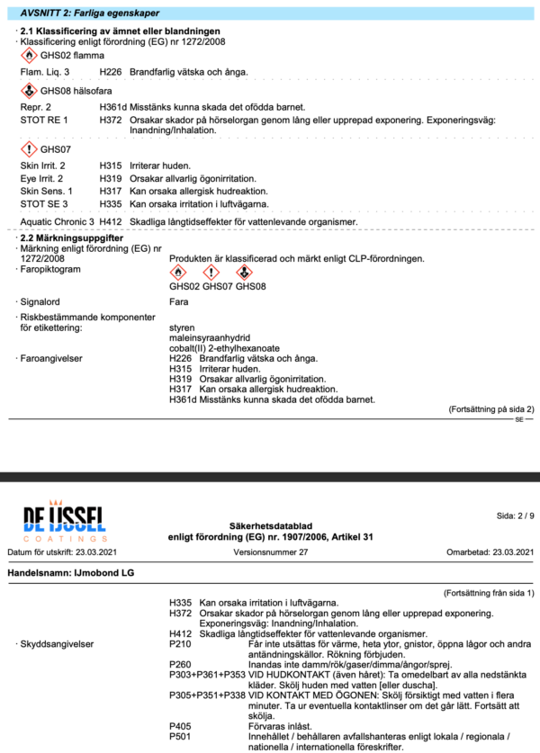 Farliga egenskaper ijmobond bondingpaste lg