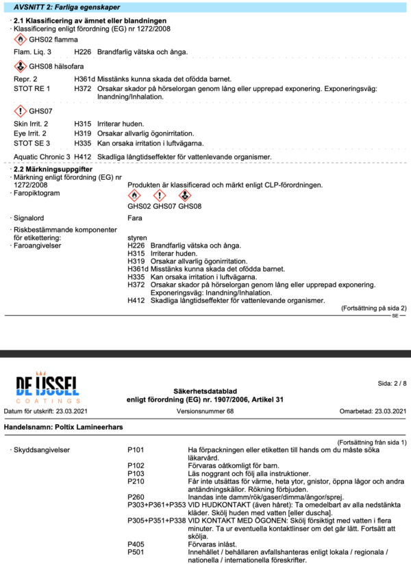 Farliga egenskaper poltix lamineringsharts a