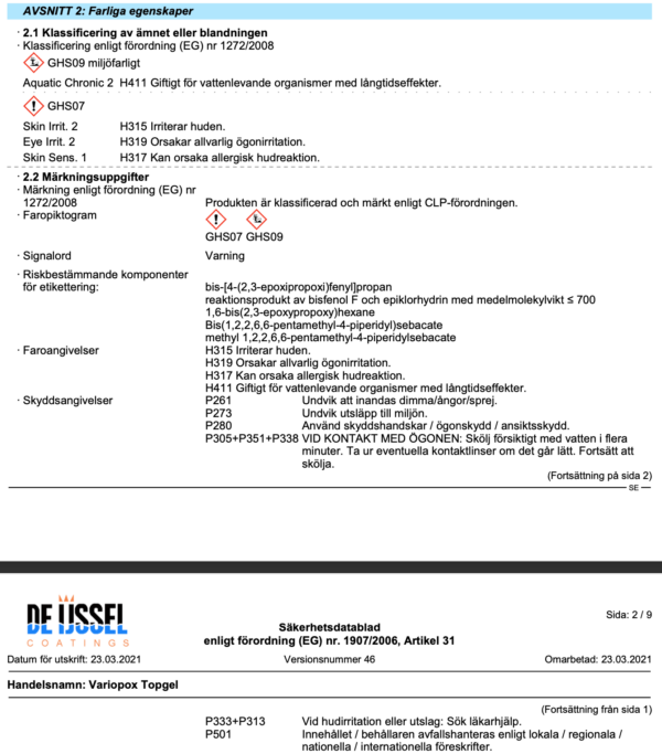 Farliga egenskaper variopox topgel