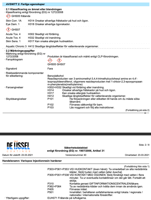 Farliga egenskaper variopox injection resin b