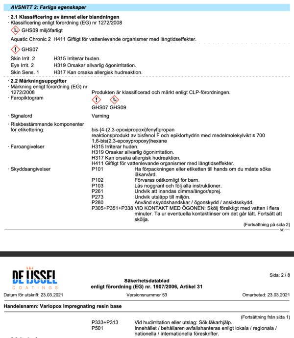 Farliga egenskaper variopox impregnating resin a