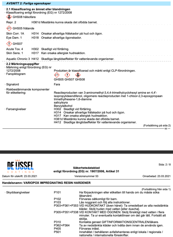 Farliga egenskaper variopox impregnating resin b