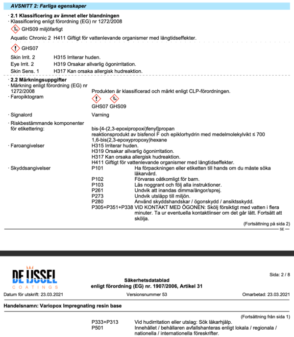 Farliga egenskaper variopox universal resin a