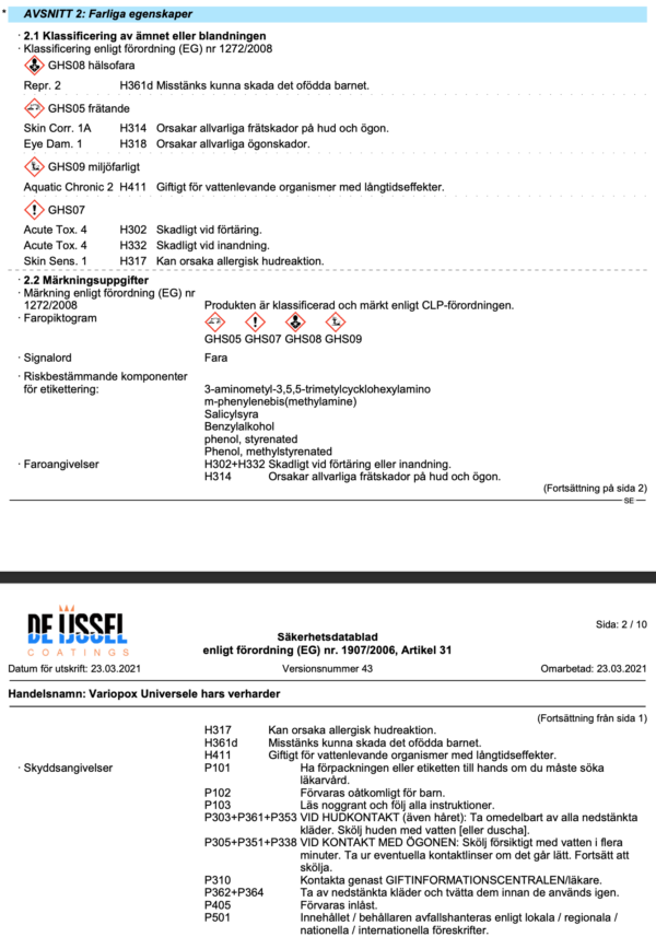 Farliga egenskaper variopox universal resin b