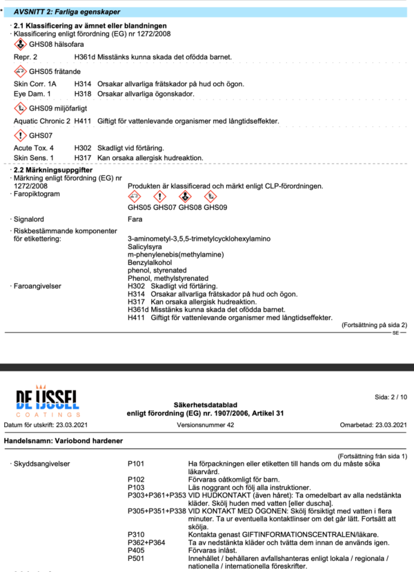 Farliga egenskaper variobond b