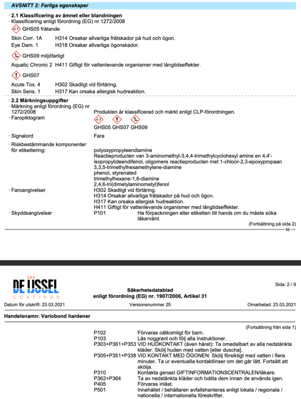 Farliga egenskaper variobond flex b