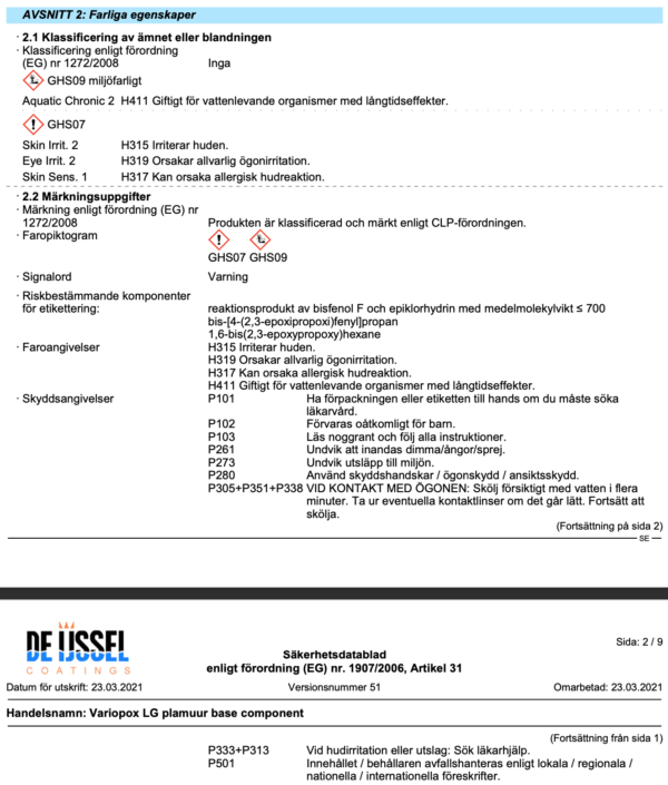 Farliga egenskaper variopox lg filler