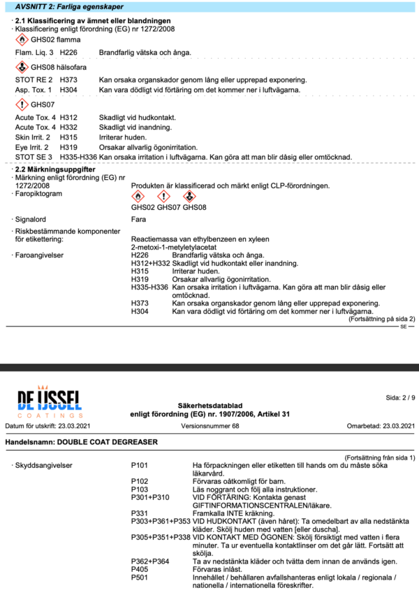 Farliga egenskaper double coat ontvetter degreaser avfettning